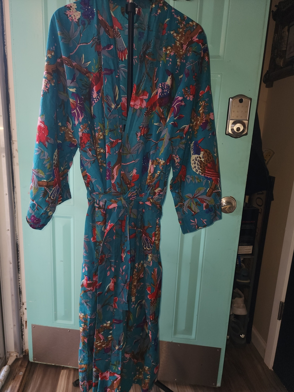 Floral Teal Kimono Robe with Bird Print - Picture 4 of 5